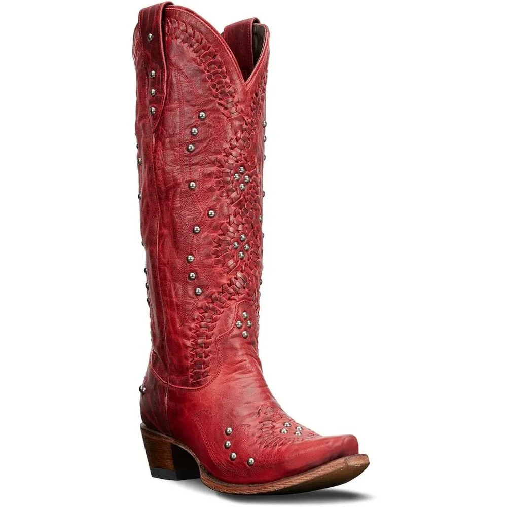Women's Red Knee High Western Cowgirl Boots Pointed Toe Chunky Heel Pull on - Picture 6 of 7